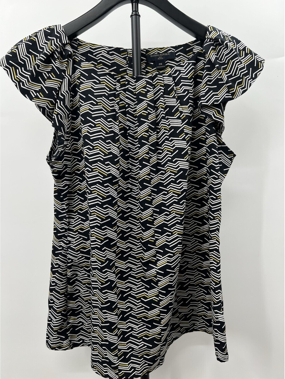 Banana Republic Top Womens Flutter Sleeve Blouse Geometric Black White Yellow PM